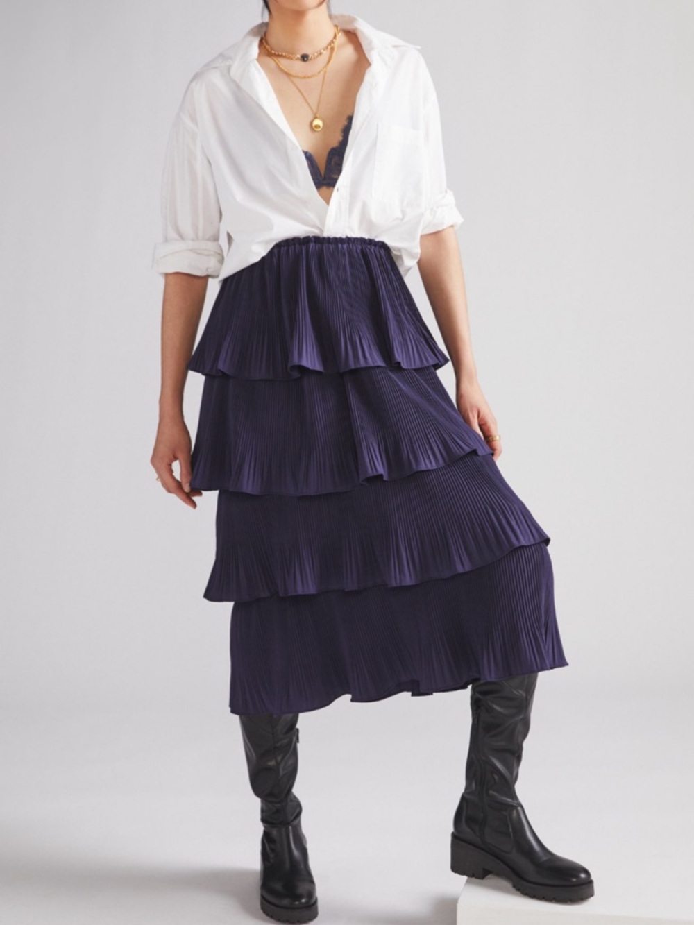 Anthropologie Mare Mare Navy Blue Tiered Pleated Midi Skirt